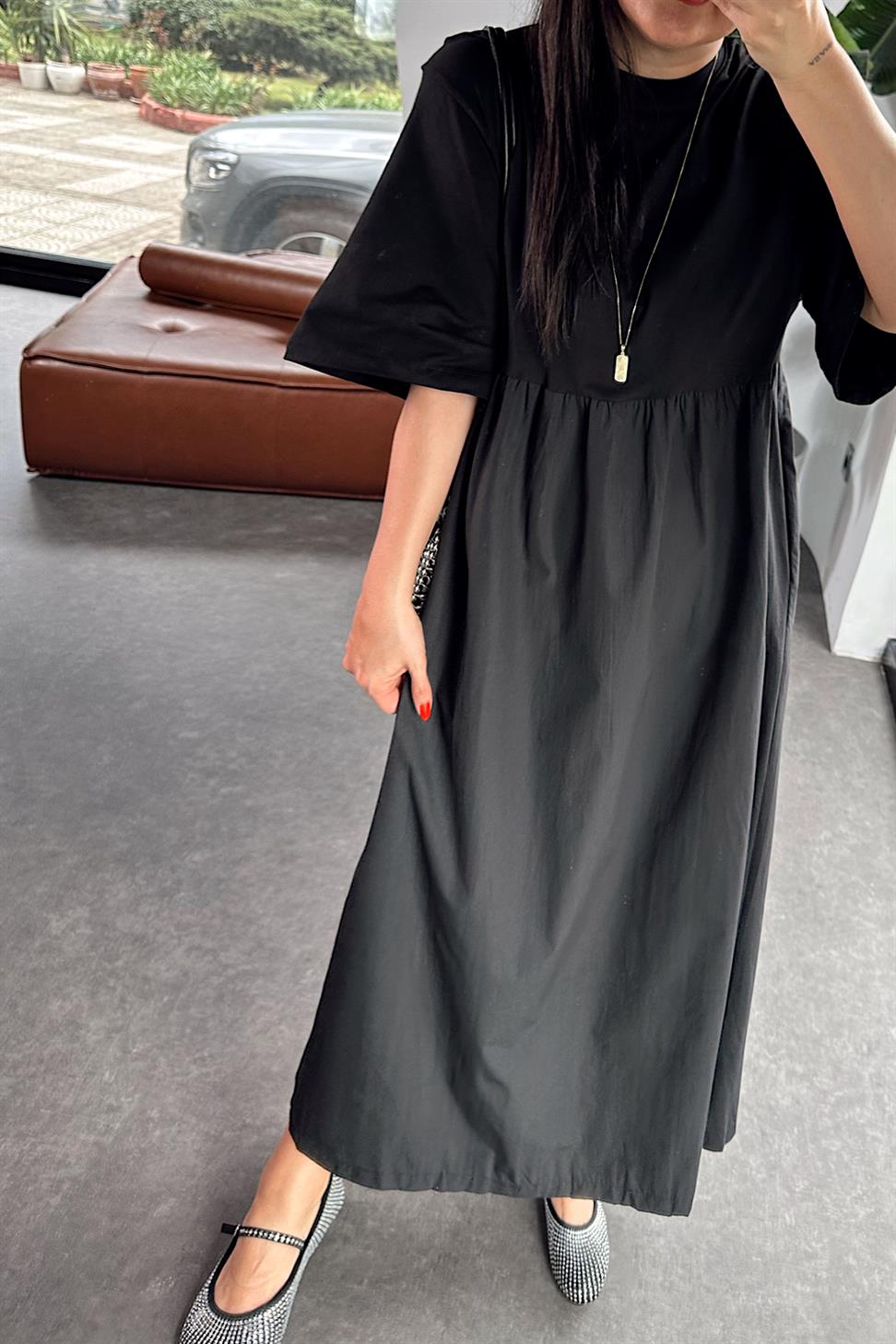 Premium Kalite Tişört Detaylı Oversize Elbise Siyah