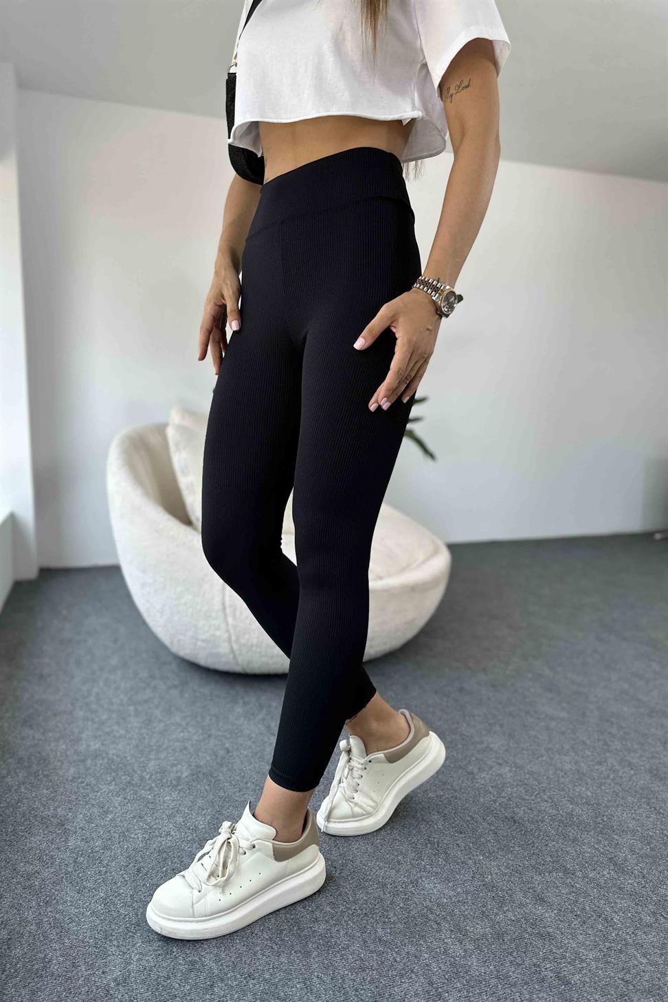 Premium Kalite Ultra Yüksek Bel Fitilli Tayt Siyah