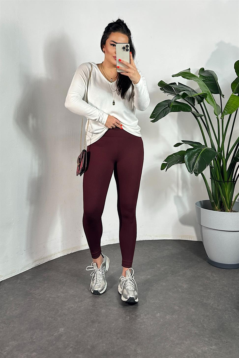 Premium Kalite Ultra Yüksek Bel Fitilli Tayt Bordo