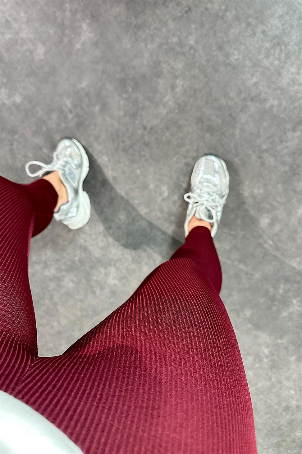 Premium Kalite Ultra Yüksek Bel Fitilli Tayt Bordo