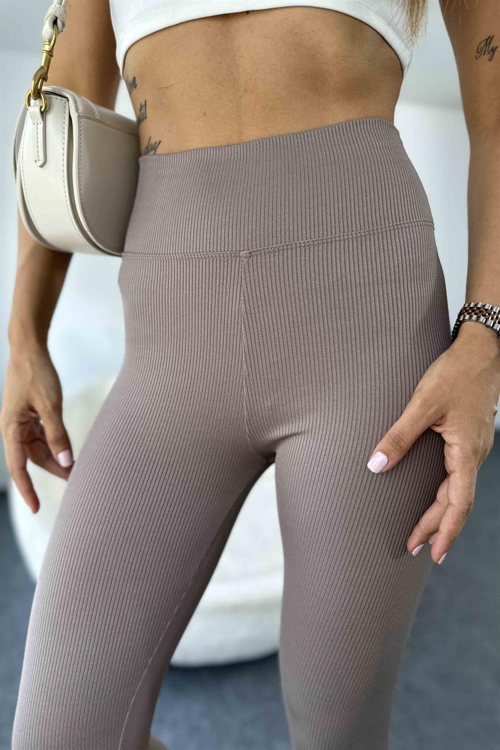 Premium Kalite Ultra Yüksek Bel Fitilli Tayt Vizon