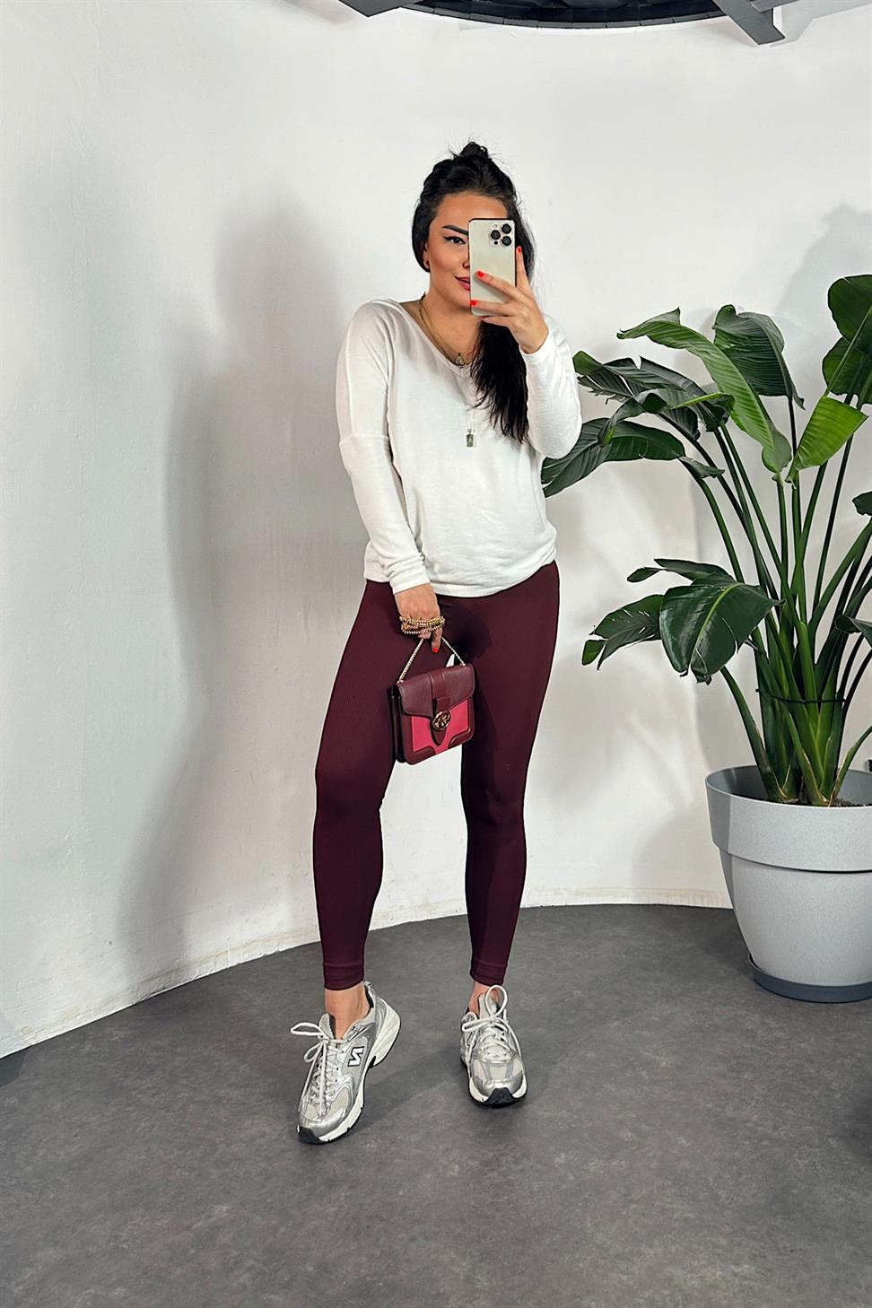 Premium Kalite Ultra Yüksek Bel Fitilli Tayt Bordo