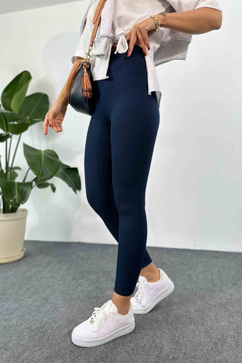 Premium Kalite Ultra Yüksek Bel Fitilli Tayt Lacivert