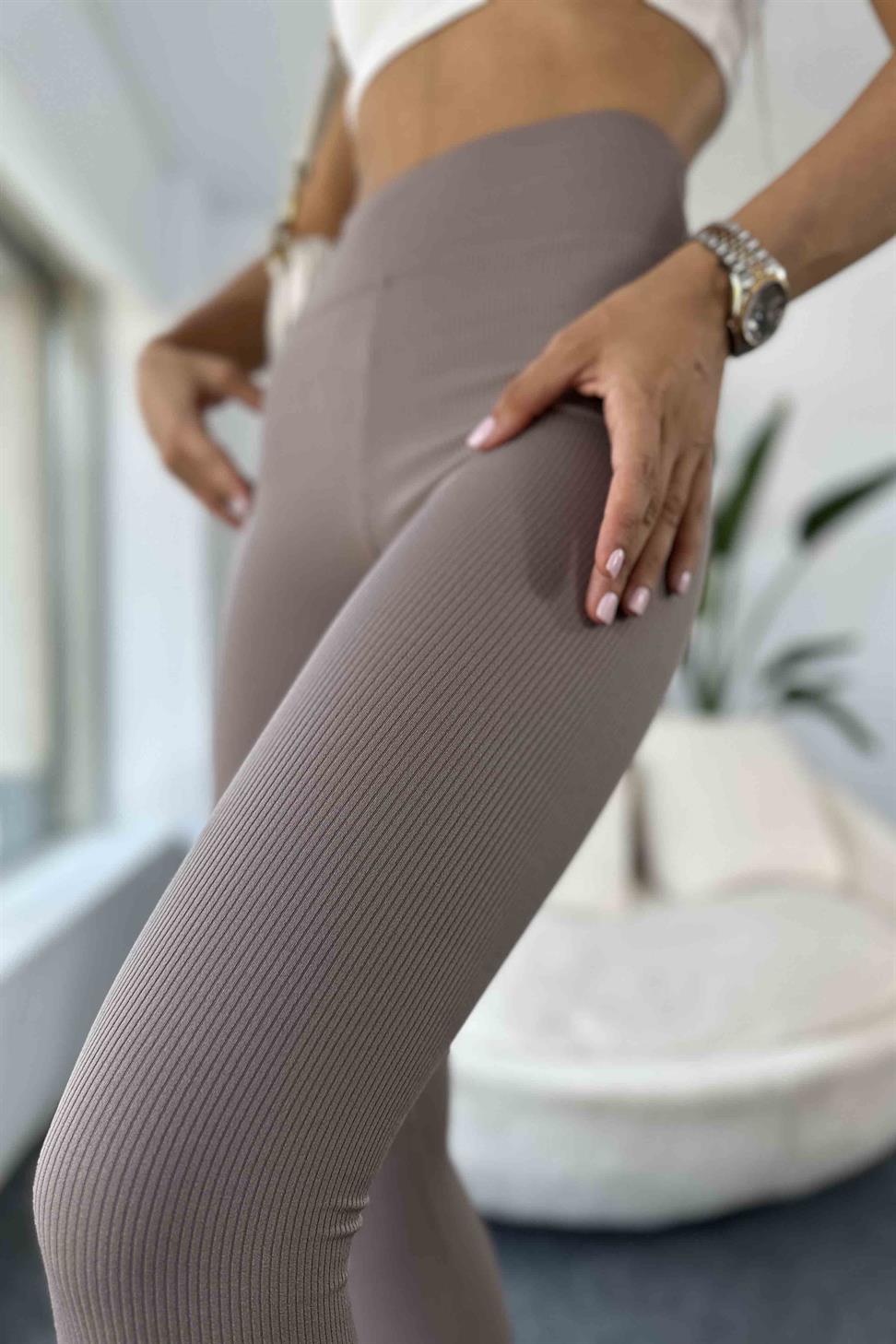 Premium Kalite Ultra Yüksek Bel Fitilli Tayt Vizon