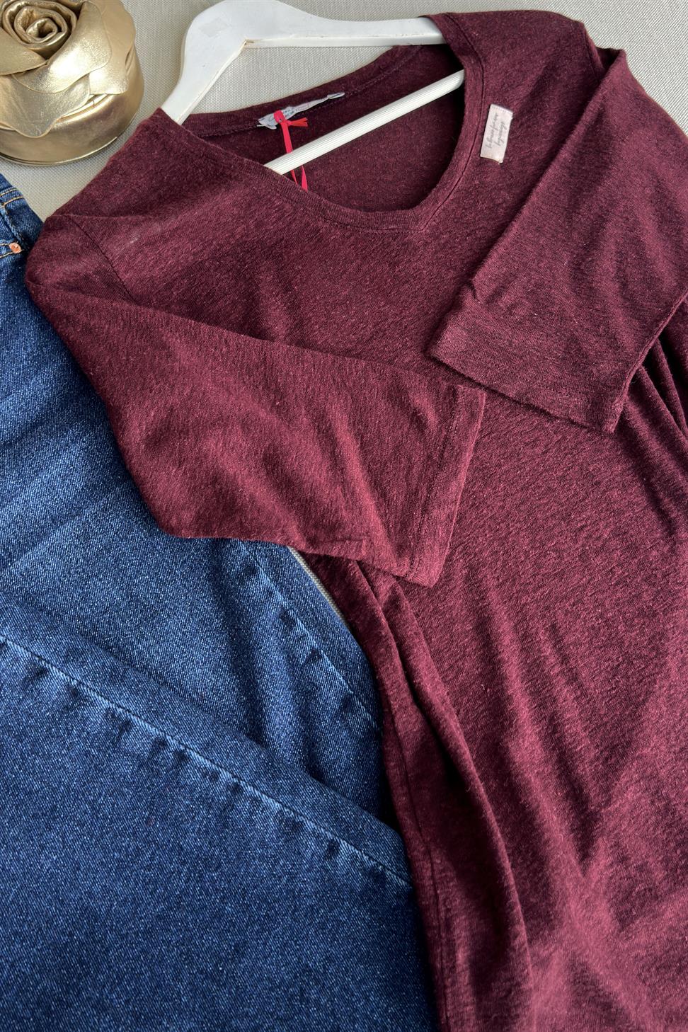 Premium Kalite V Yaka Yumoş Dokulu Basic Bluz Bordo