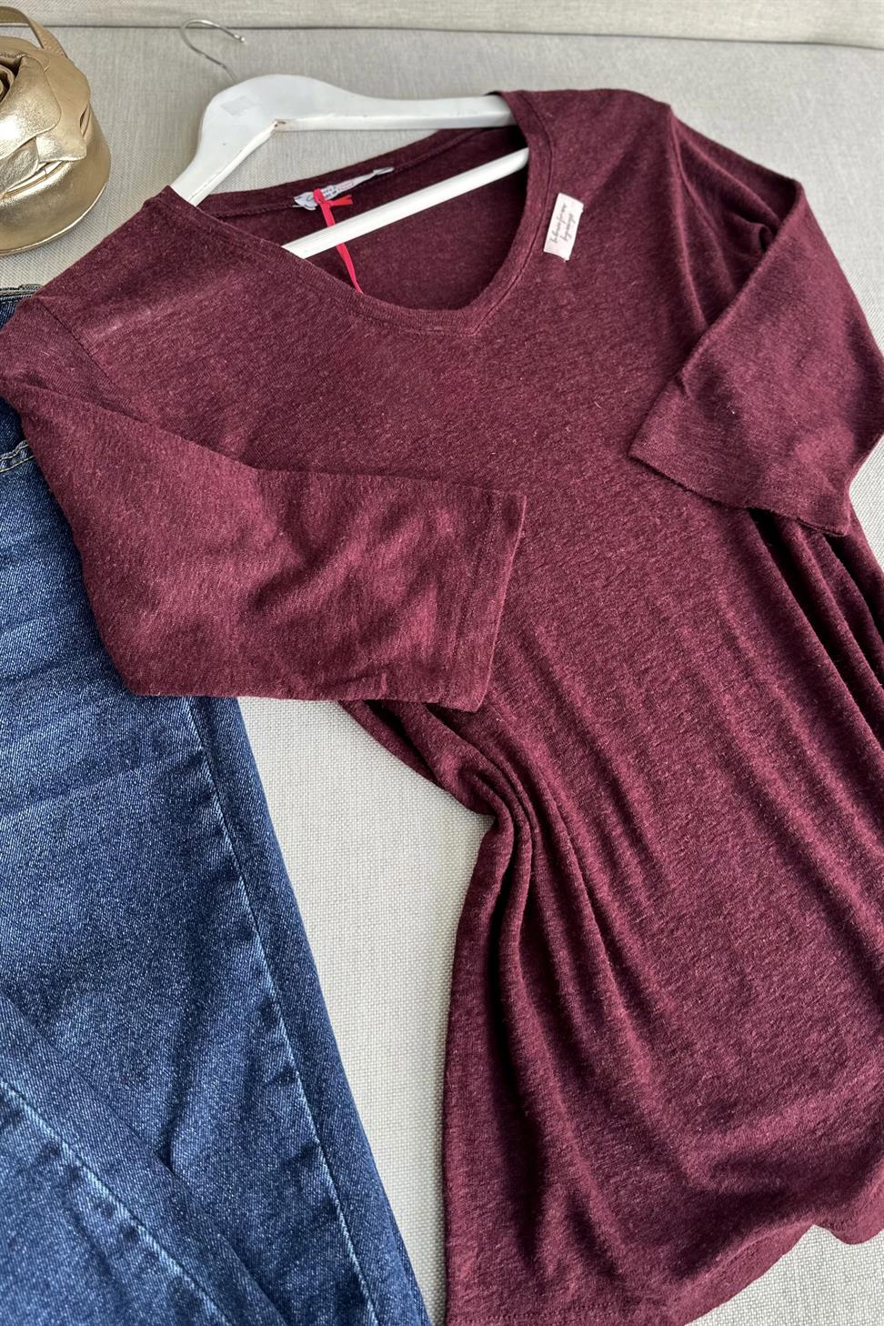 Premium Kalite V Yaka Yumoş Dokulu Basic Bluz Bordo