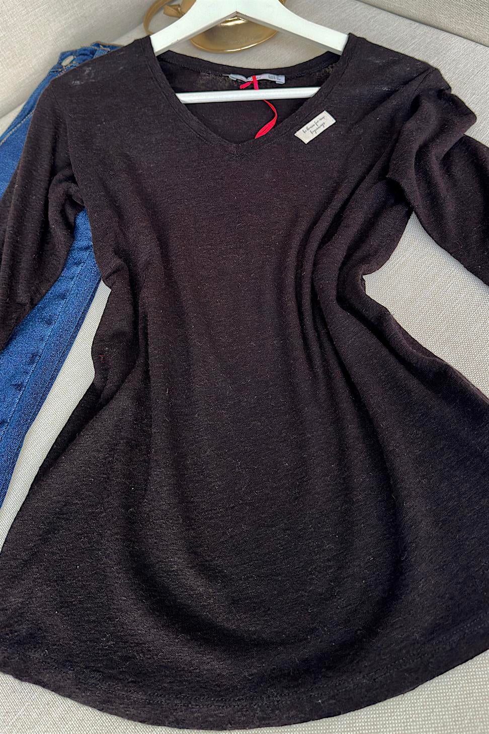 Premium Kalite V Yaka Yumoş Dokulu Basic Bluz Siyah