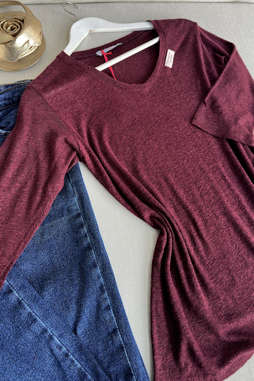 Premium Kalite V Yaka Yumoş Dokulu Basic Bluz Bordo
