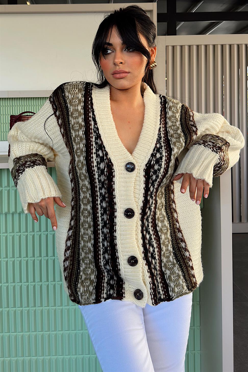 Premium Kalite Vintage Oversize Desenli Hırka Krem