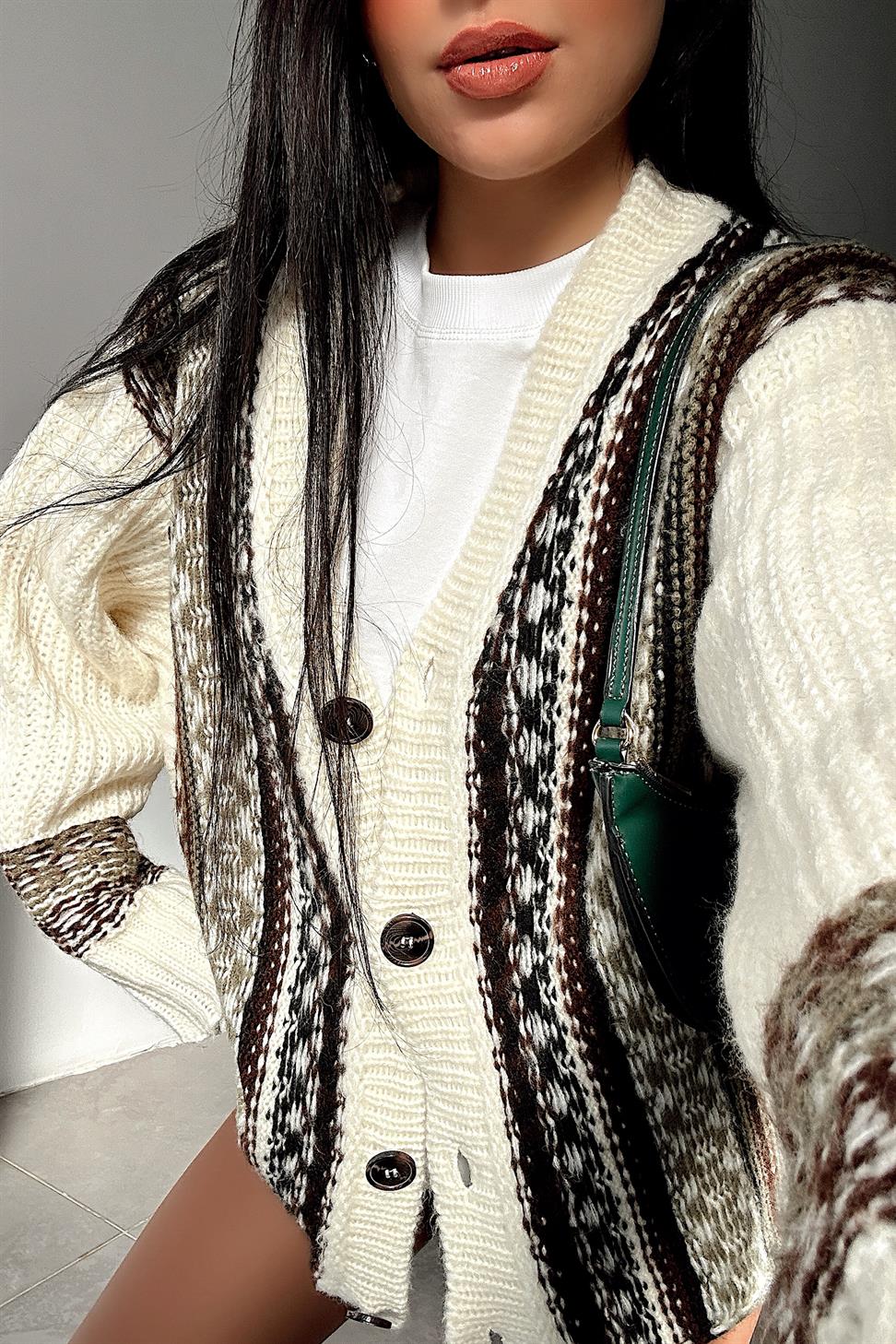 Premium Kalite Vintage Oversize Desenli Hırka Krem