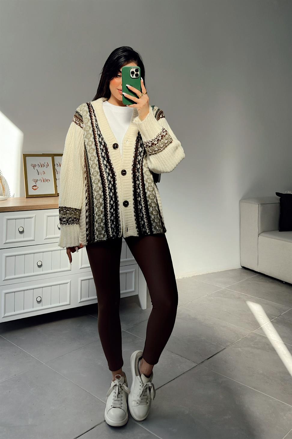 Premium Kalite Vintage Oversize Desenli Hırka Krem