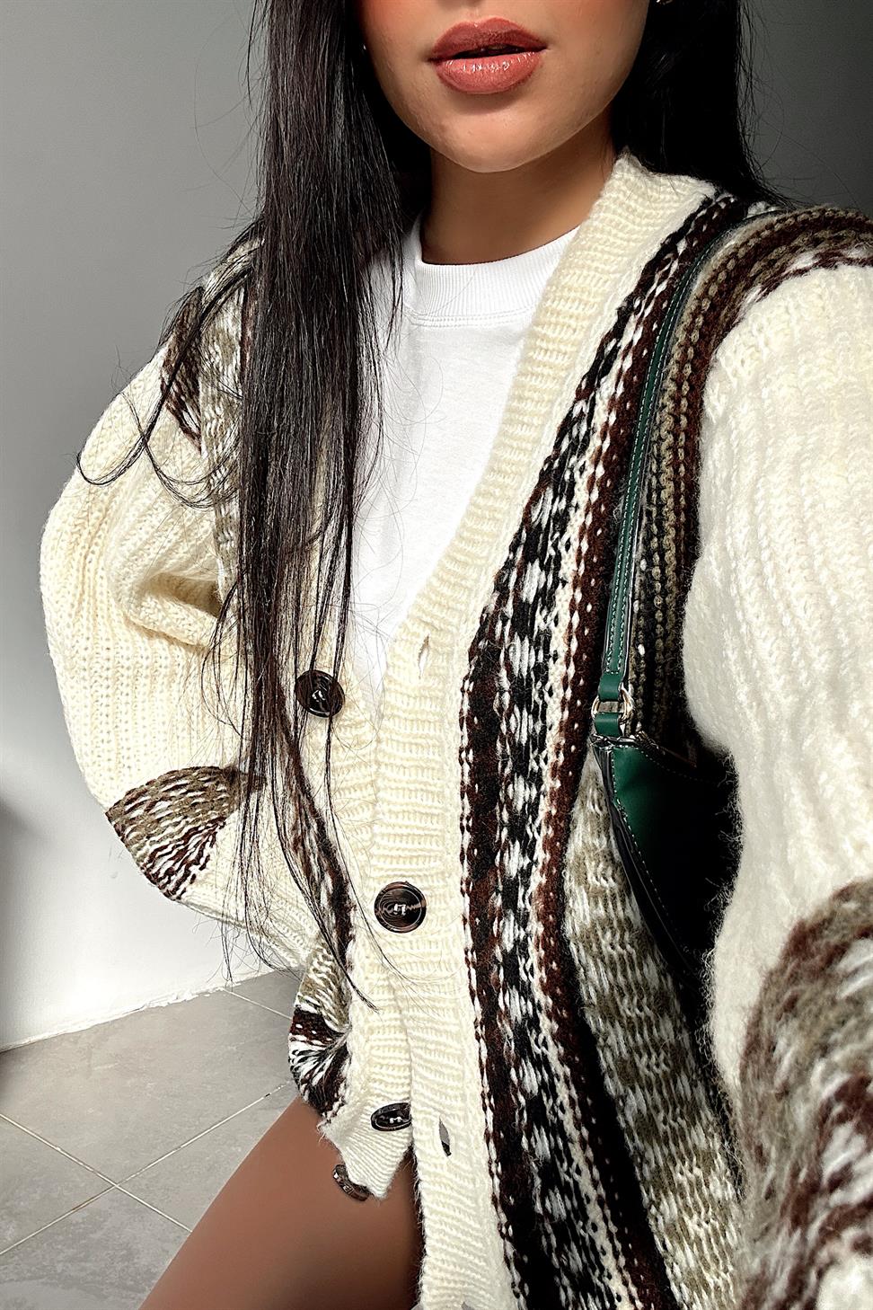 Premium Kalite Vintage Oversize Desenli Hırka Krem