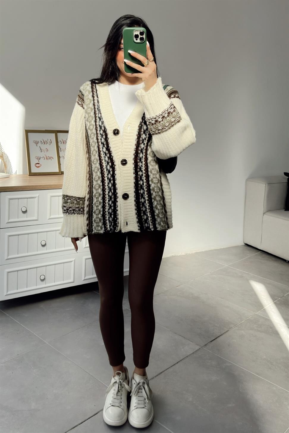 Premium Kalite Vintage Oversize Desenli Hırka Krem