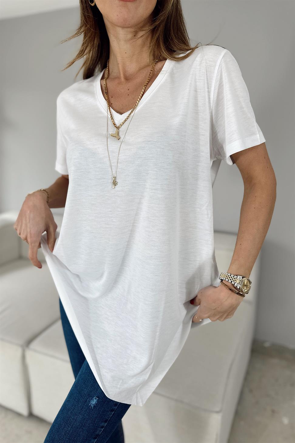 Premium Kalite Viskon Kumaş Asimetrik V Yaka Tunik Bluz Beyaz