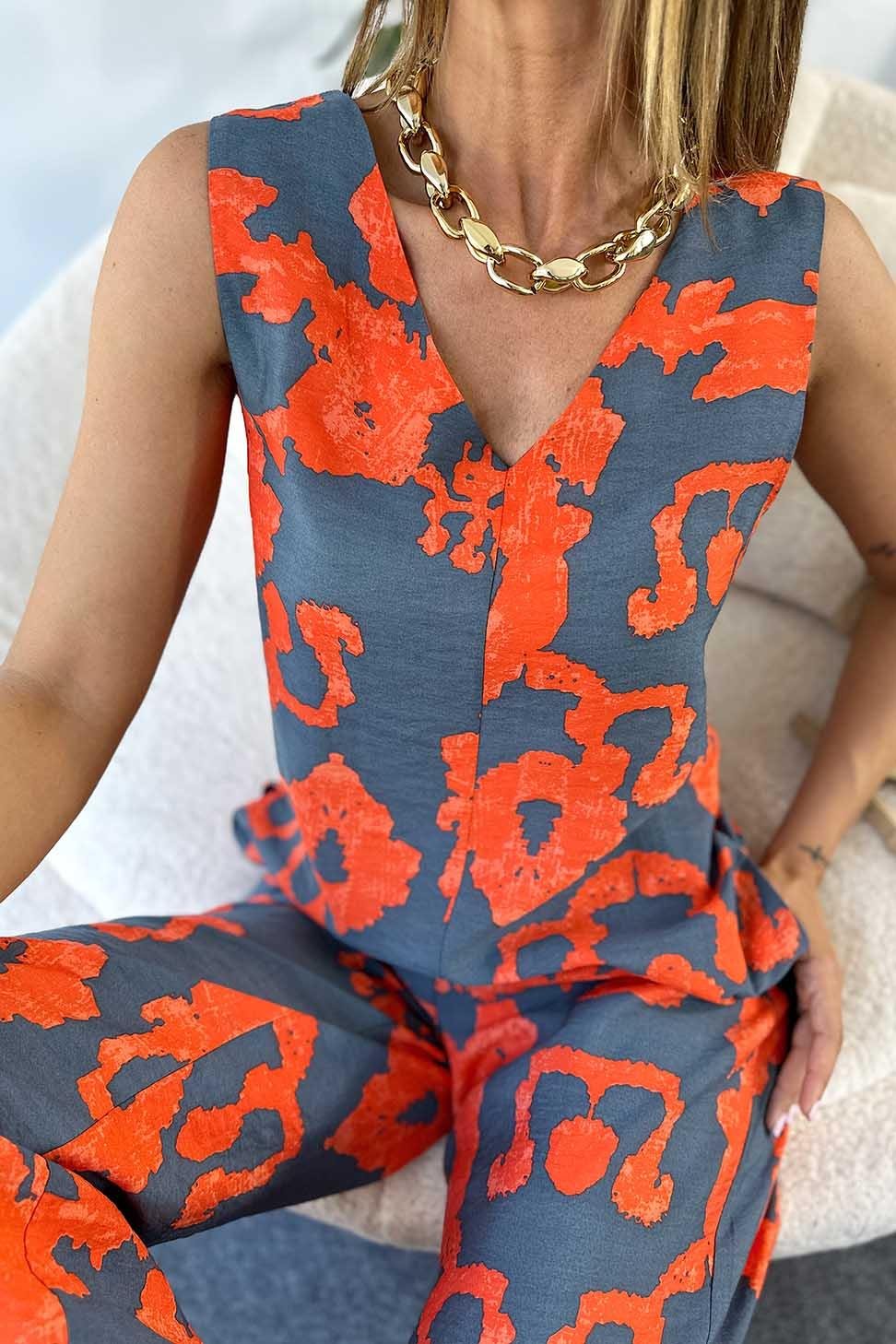 Premium Kalite Viskon Kumaş V Yaka Desenli Salaş Tulum Turuncu