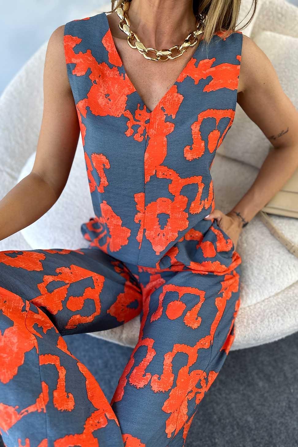 Premium Kalite Viskon Kumaş V Yaka Desenli Salaş Tulum Turuncu