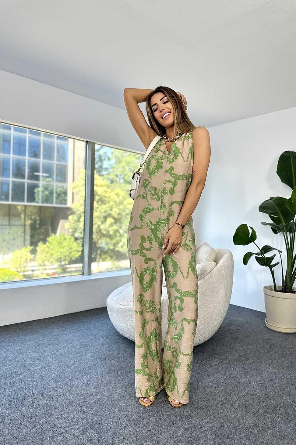 Premium Kalite Viskon Kumaş V Yaka Desenli Salaş Tulum Yeşil