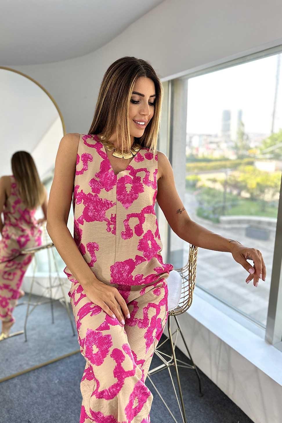 Premium Kalite Viskon Kumaş V Yaka Desenli Salaş Tulum FUŞYA