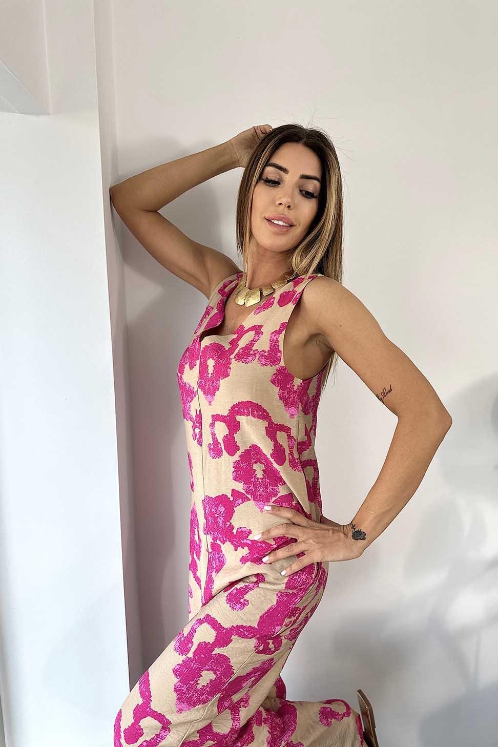 Premium Kalite Viskon Kumaş V Yaka Desenli Salaş Tulum FUŞYA