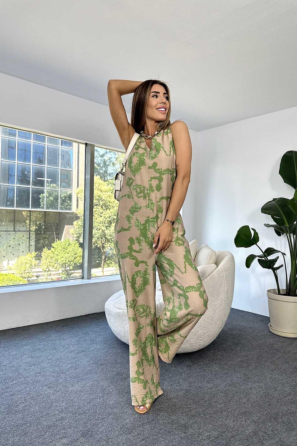 Premium Kalite Viskon Kumaş V Yaka Desenli Salaş Tulum Yeşil