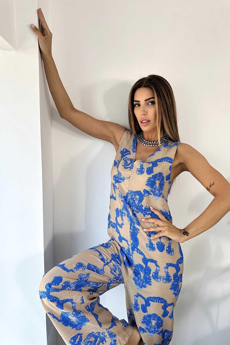 Premium Kalite Viskon Kumaş V Yaka Desenli Salaş Tulum Mavi