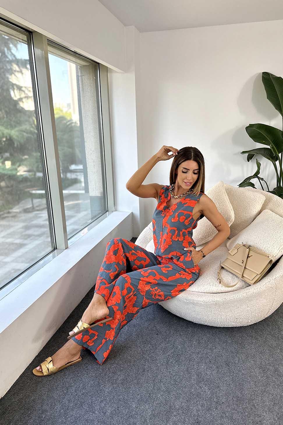 Premium Kalite Viskon Kumaş V Yaka Desenli Salaş Tulum Turuncu