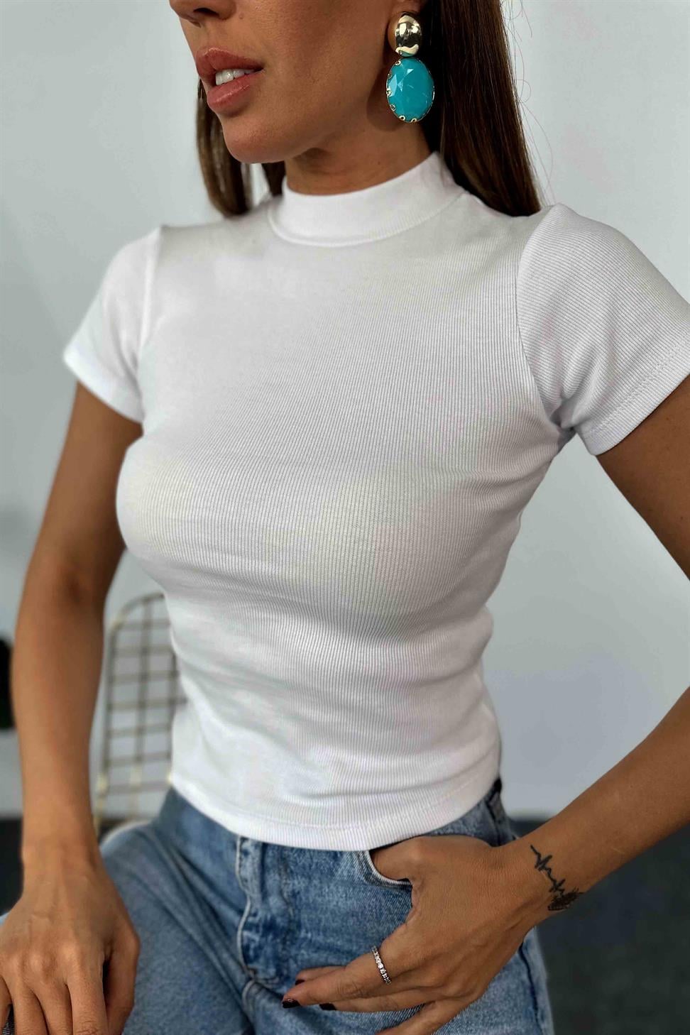 Premium Kalite Yarı Balıkçı İnce Fitilli Body Bluz Beyaz