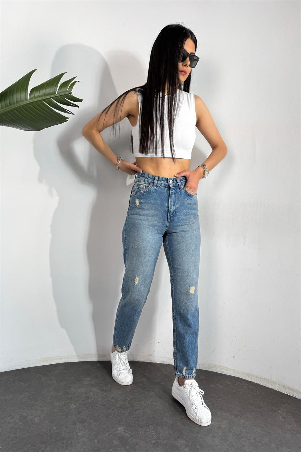 Premium Kalite Yırtık Detaylı Mom Jean Pantolon Koyu Mavi