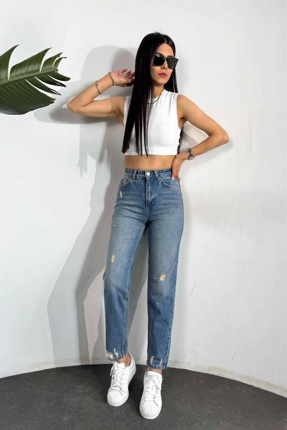 Premium Kalite Yırtık Detaylı Mom Jean Pantolon Koyu Mavi