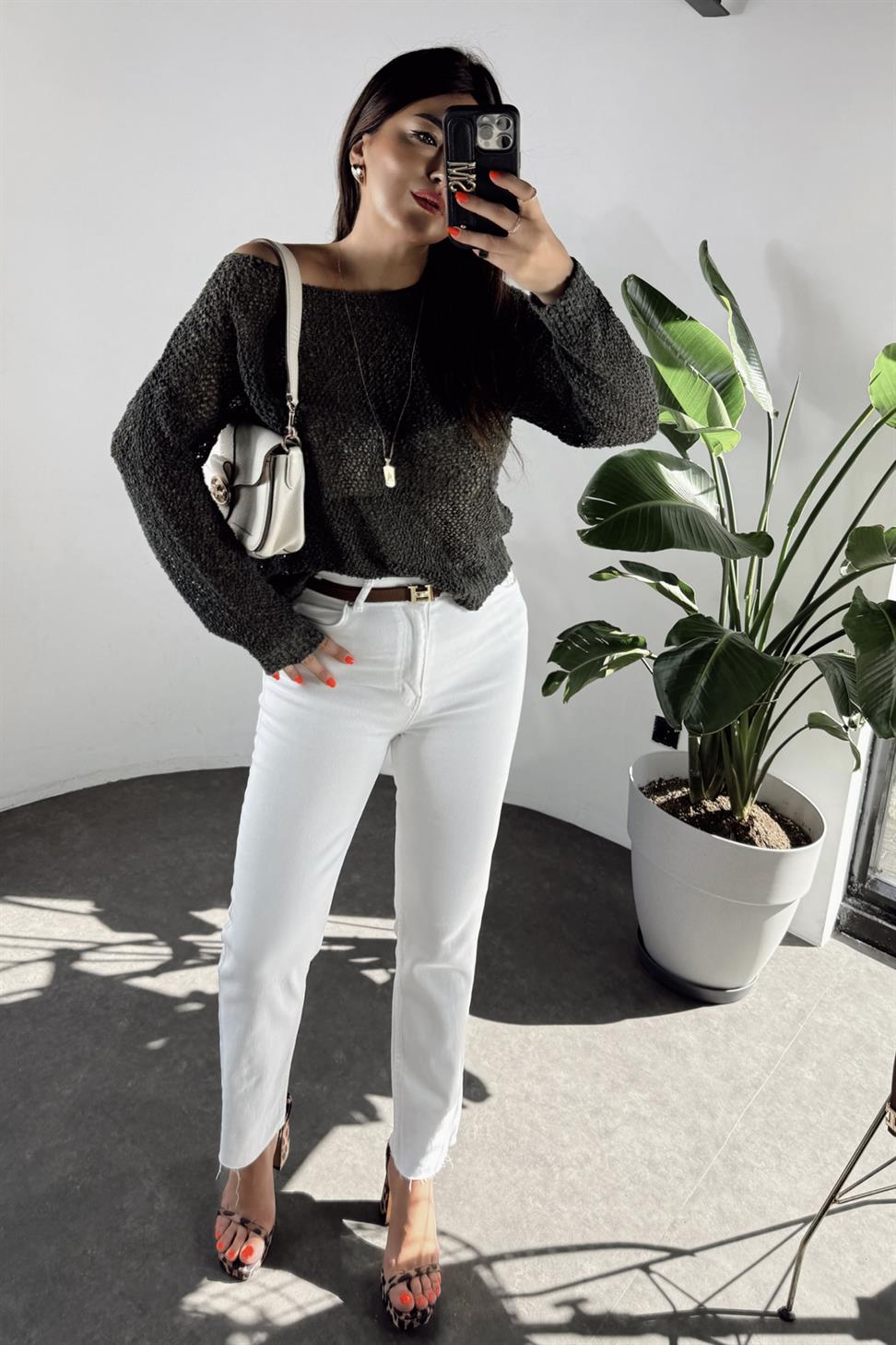 Premium Kalite Yüksek Bel Boyfriend Jean Pantolon Beyaz