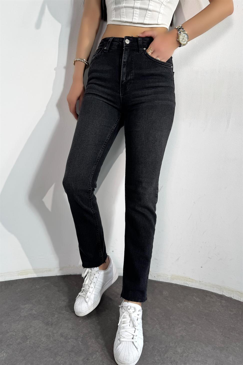 Premium Kalite Yüksek Bel Boyfriend Jean Pantolon Koyu Füme