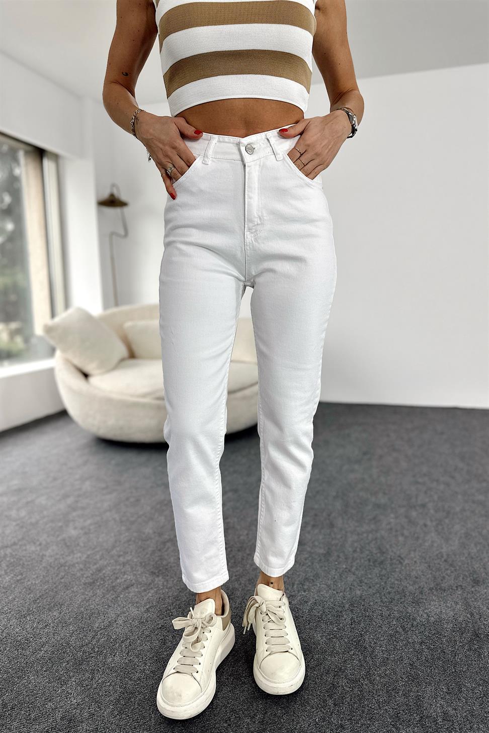Premium Kalite Yüksek Bel Mom Jean Pantolon Beyaz