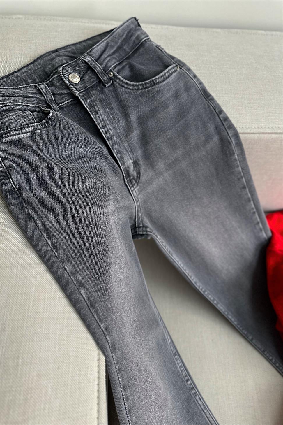 Premium Kalite Yüksek Bel Straight Jean Pantolon Gri