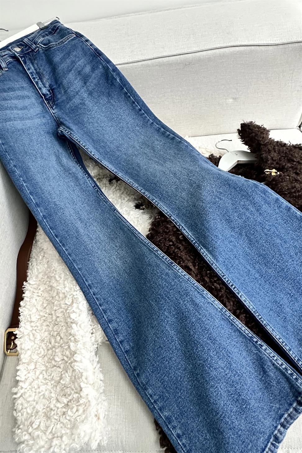 Premium Kalite Yüksek Bel Straight Jean Pantolon Mavi