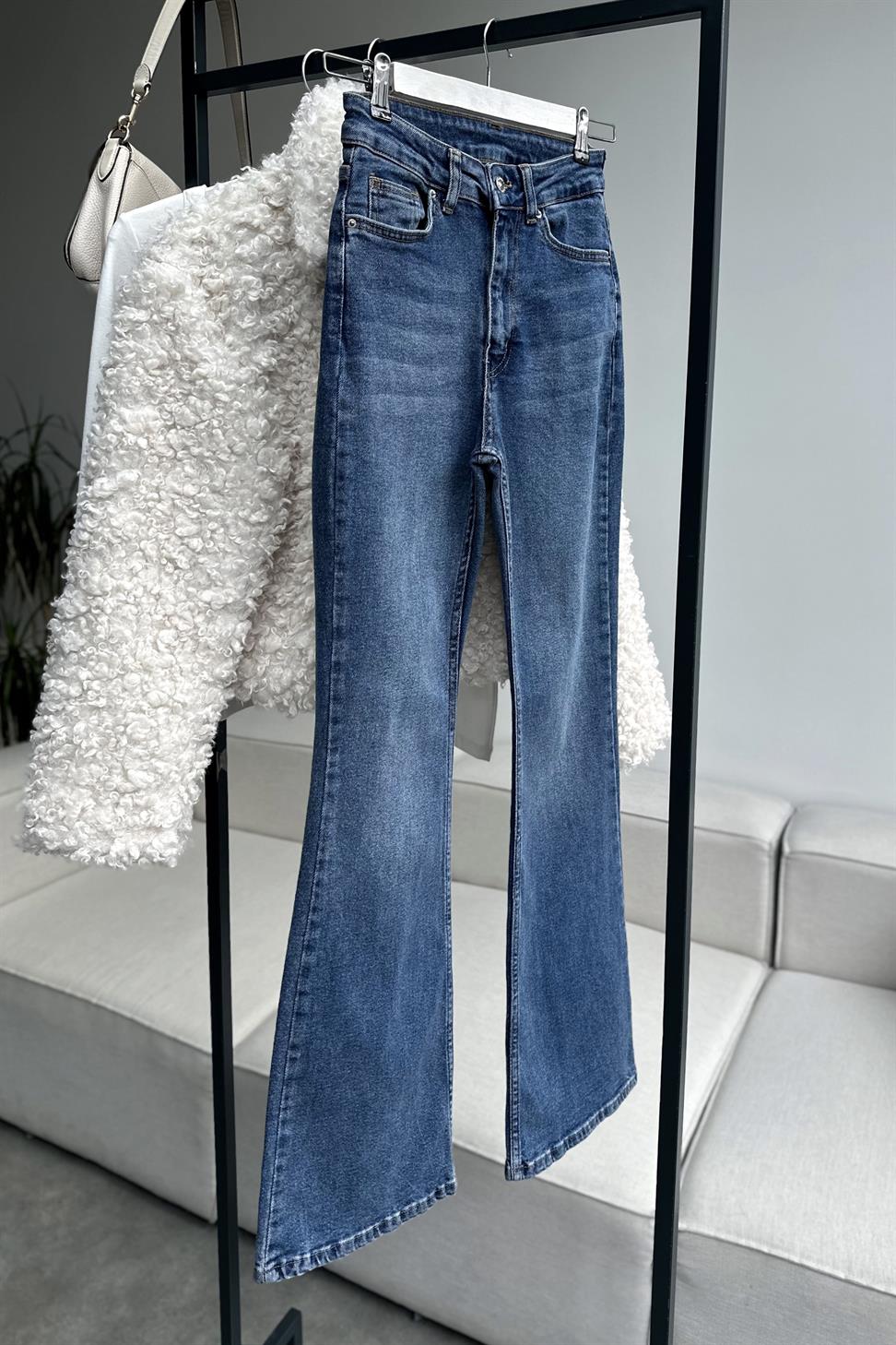 Premium Kalite Yüksek Bel Straight Jean Pantolon Mavi