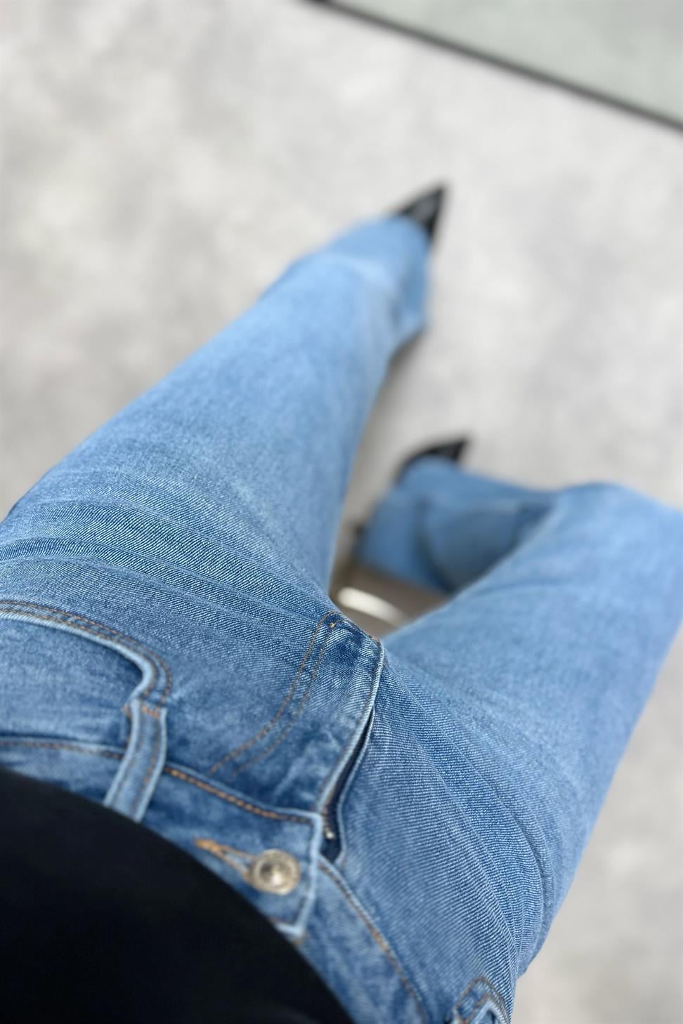 Premium Kalite Yüksek Bel Straight Jean Pantolon Buz Mavisi