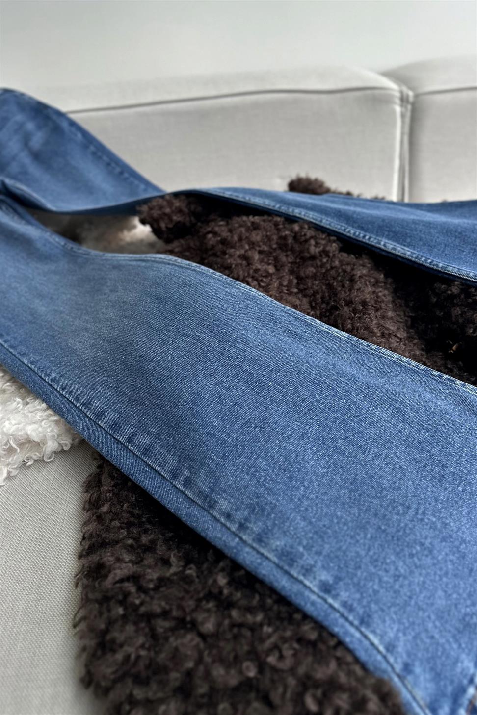 Premium Kalite Yüksek Bel Straight Jean Pantolon Mavi