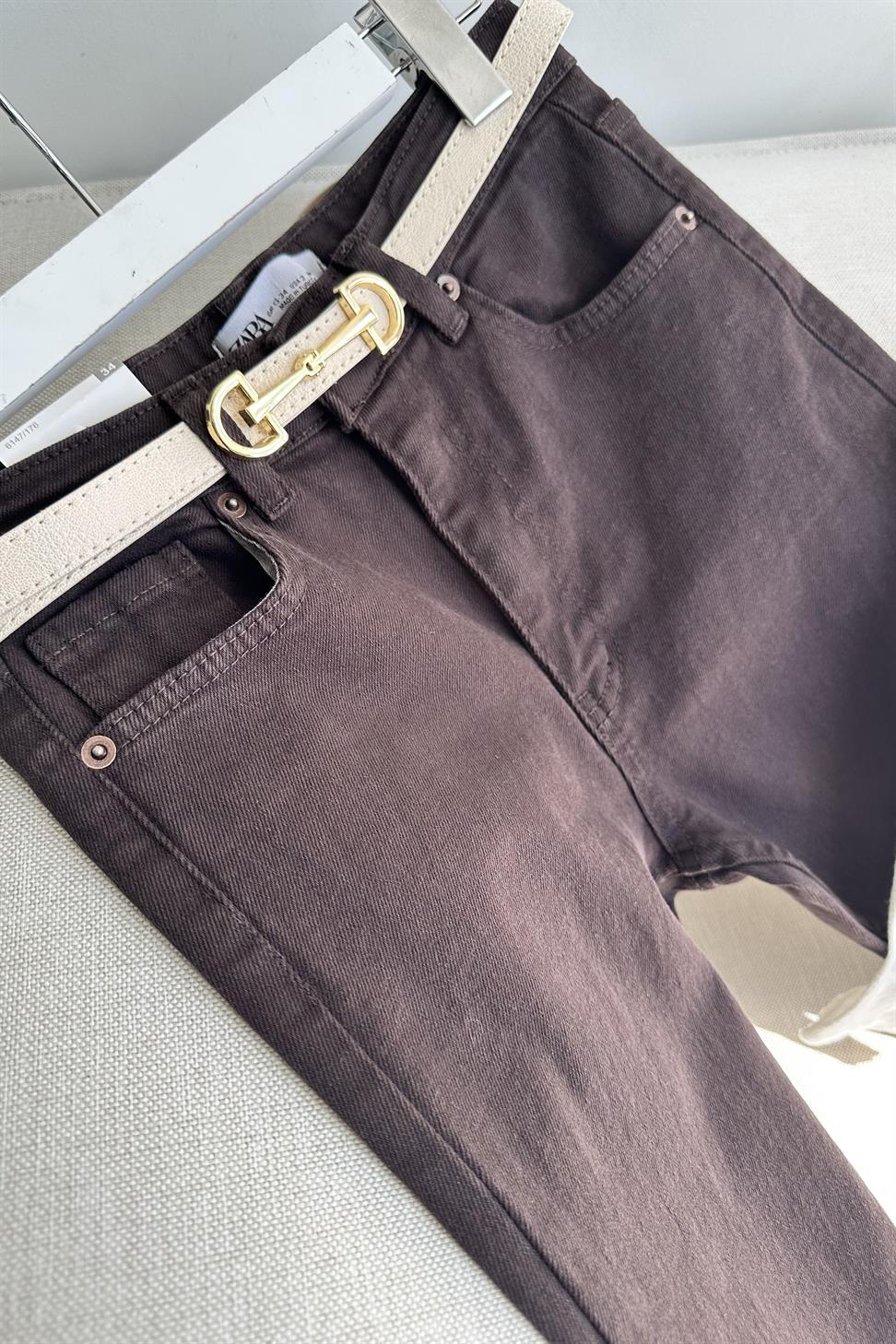 Premium Kalite Yüksek Bel Straight Jean Pantolon Fındık Kabuğu