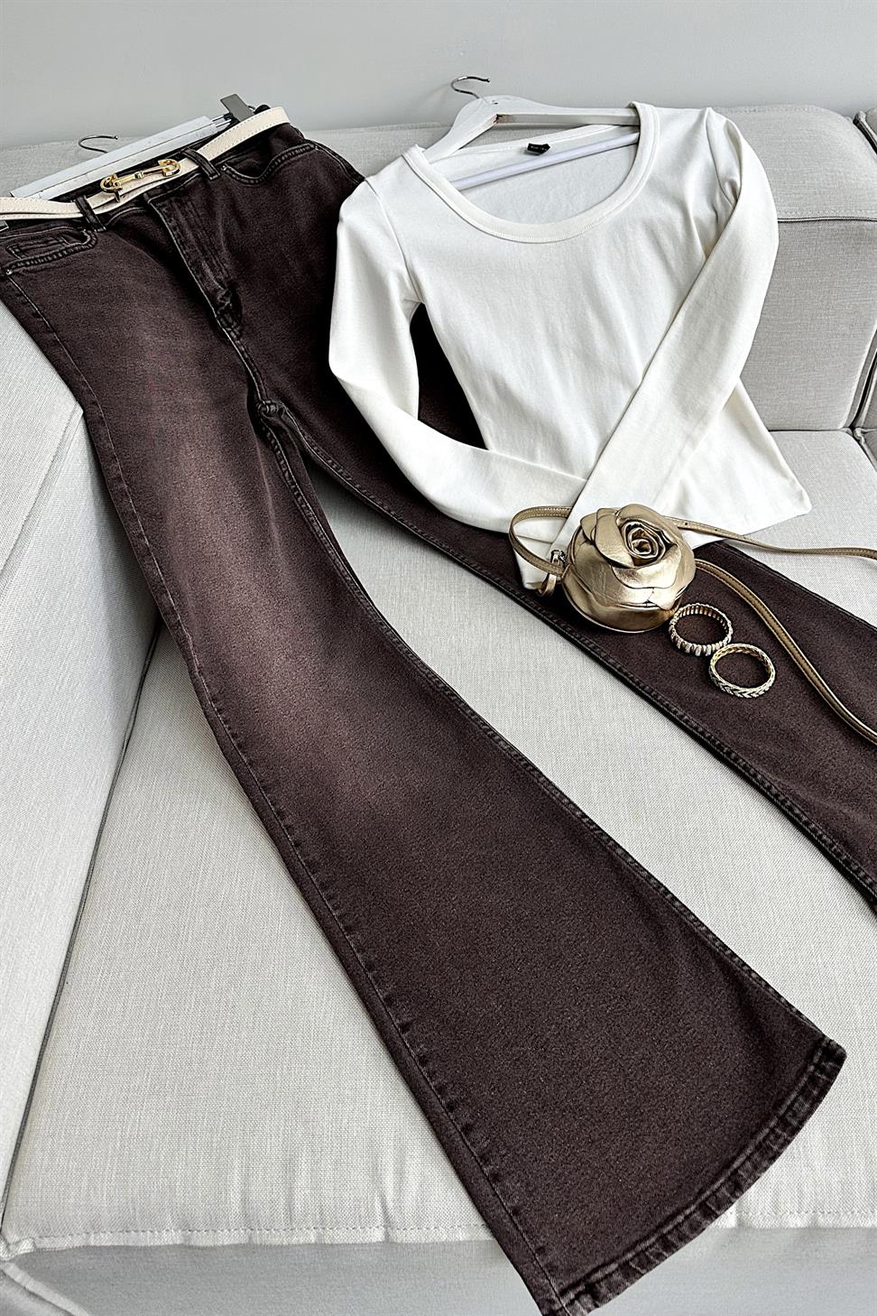 Premium Kalite Yüksek Bel Straight Jean Pantolon Kahverengi