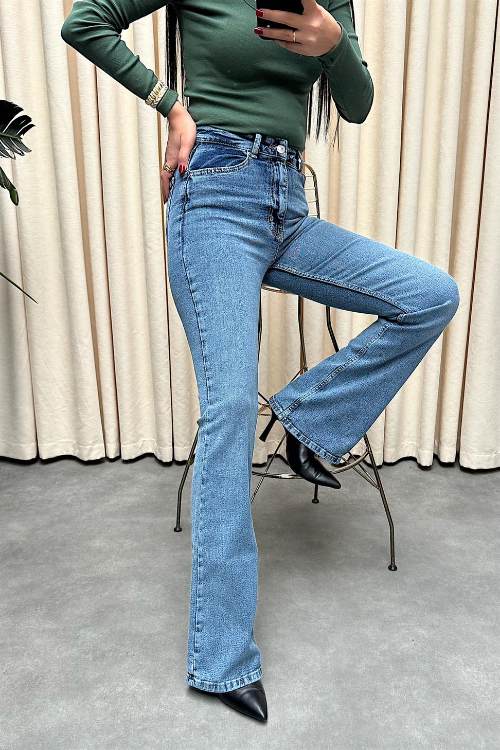 Premium Kalite Yüksek Bel Straight Jean Pantolon Açık Mavi