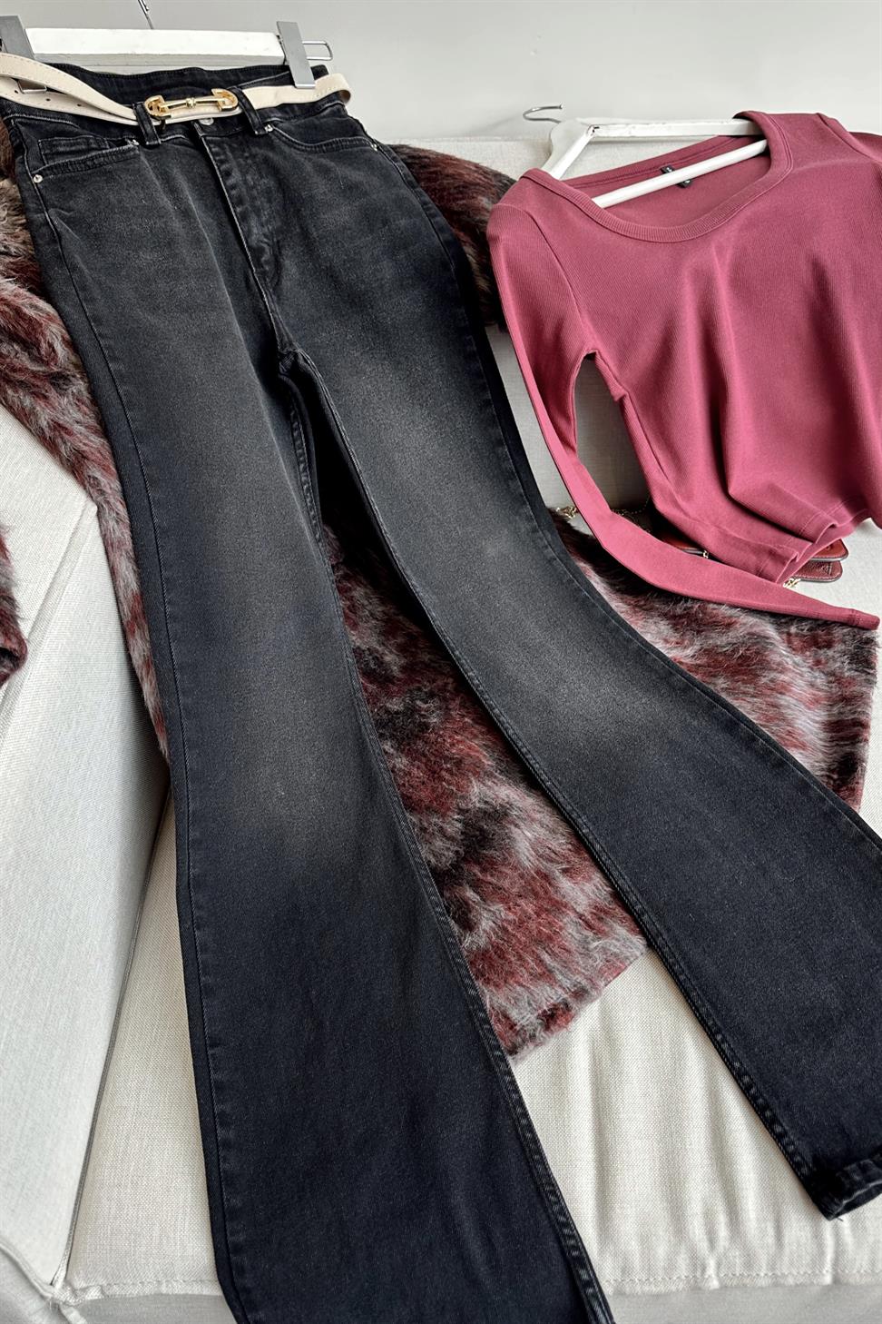 Premium Kalite Yüksek Bel Straight Jean Pantolon Antrasit