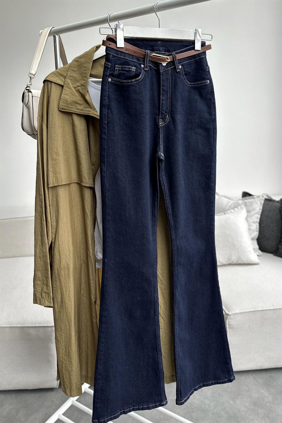 Premium Kalite Yüksek Bel Straight Jean Pantolon Lacivert