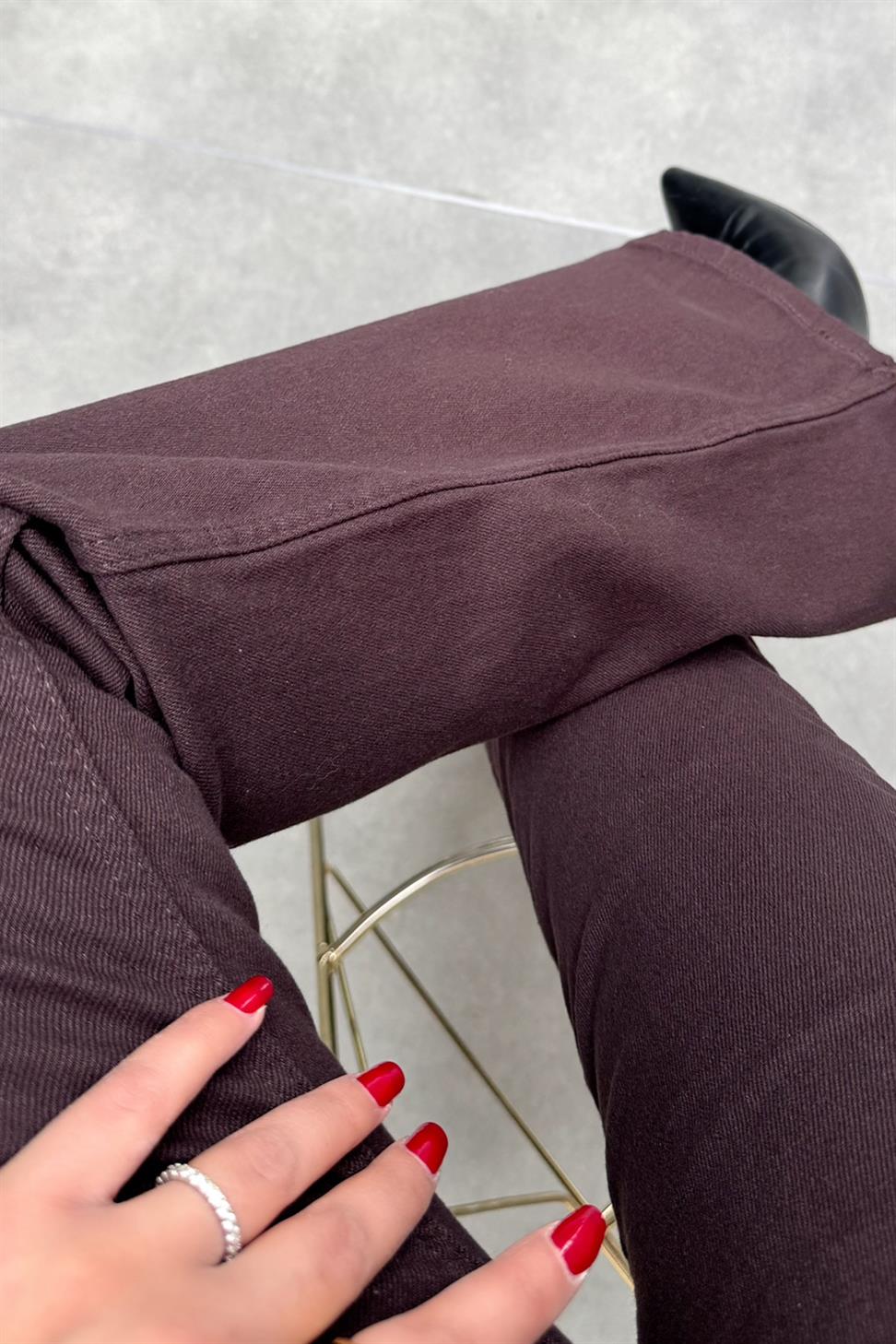 Premium Kalite Yüksek Bel Straight Jean Pantolon Fındık Kabuğu