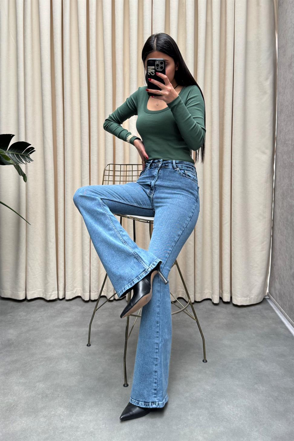 Premium Kalite Yüksek Bel Straight Jean Pantolon Açık Mavi