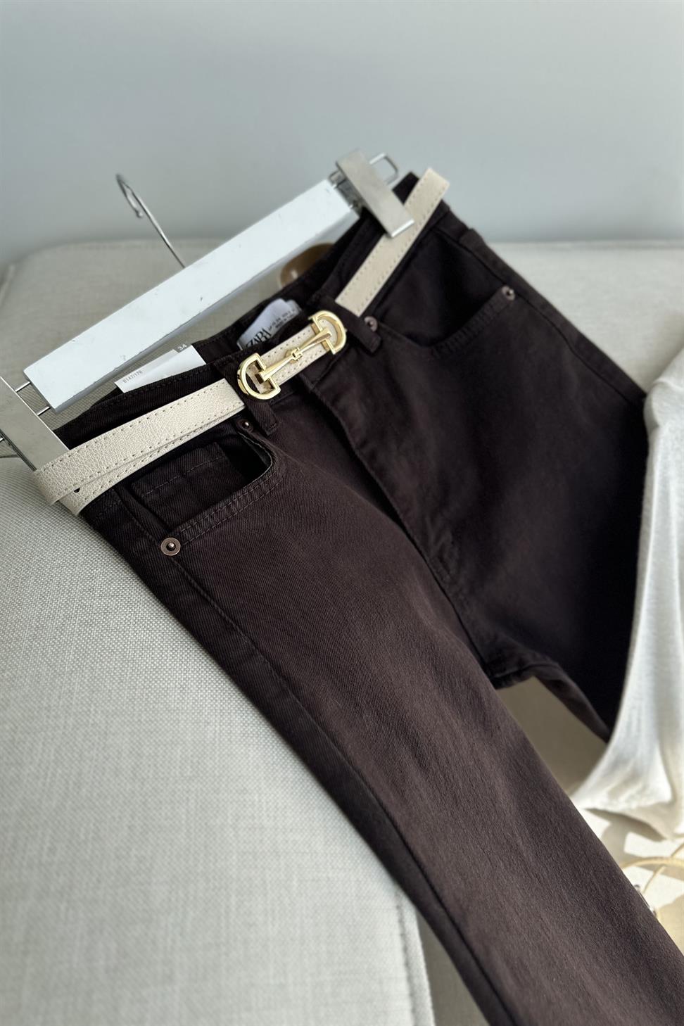 Premium Kalite Yüksek Bel Straight Jean Pantolon Fındık Kabuğu