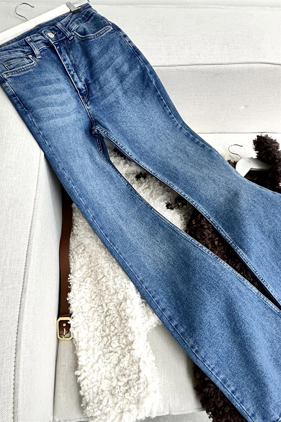 Premium Kalite Yüksek Bel Straight Jean Pantolon Mavi