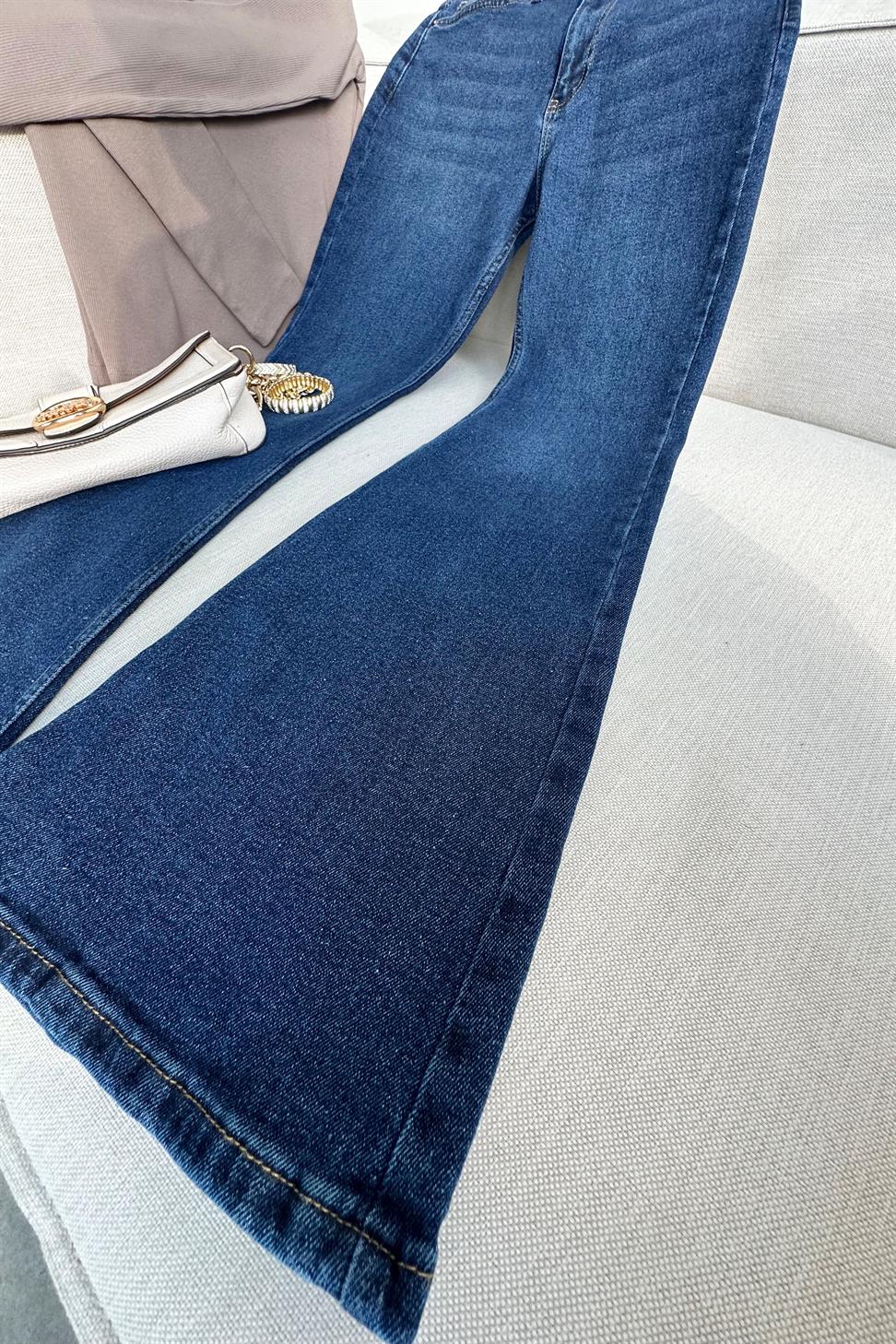 Premium Kalite Yüksek Bel Straight Jean Pantolon Koyu Mavi