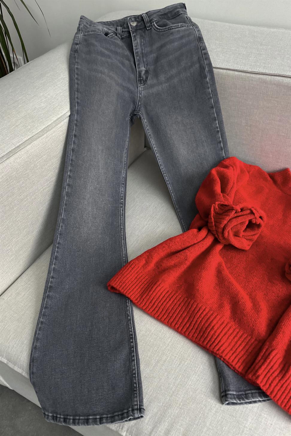 Premium Kalite Yüksek Bel Straight Jean Pantolon Gri