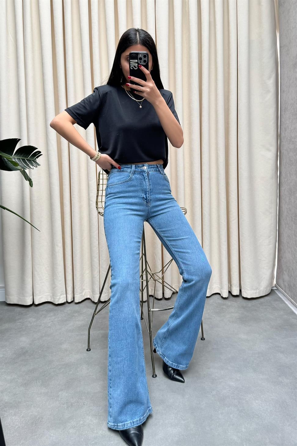 Premium Kalite Yüksek Bel Straight Jean Pantolon Buz Mavisi