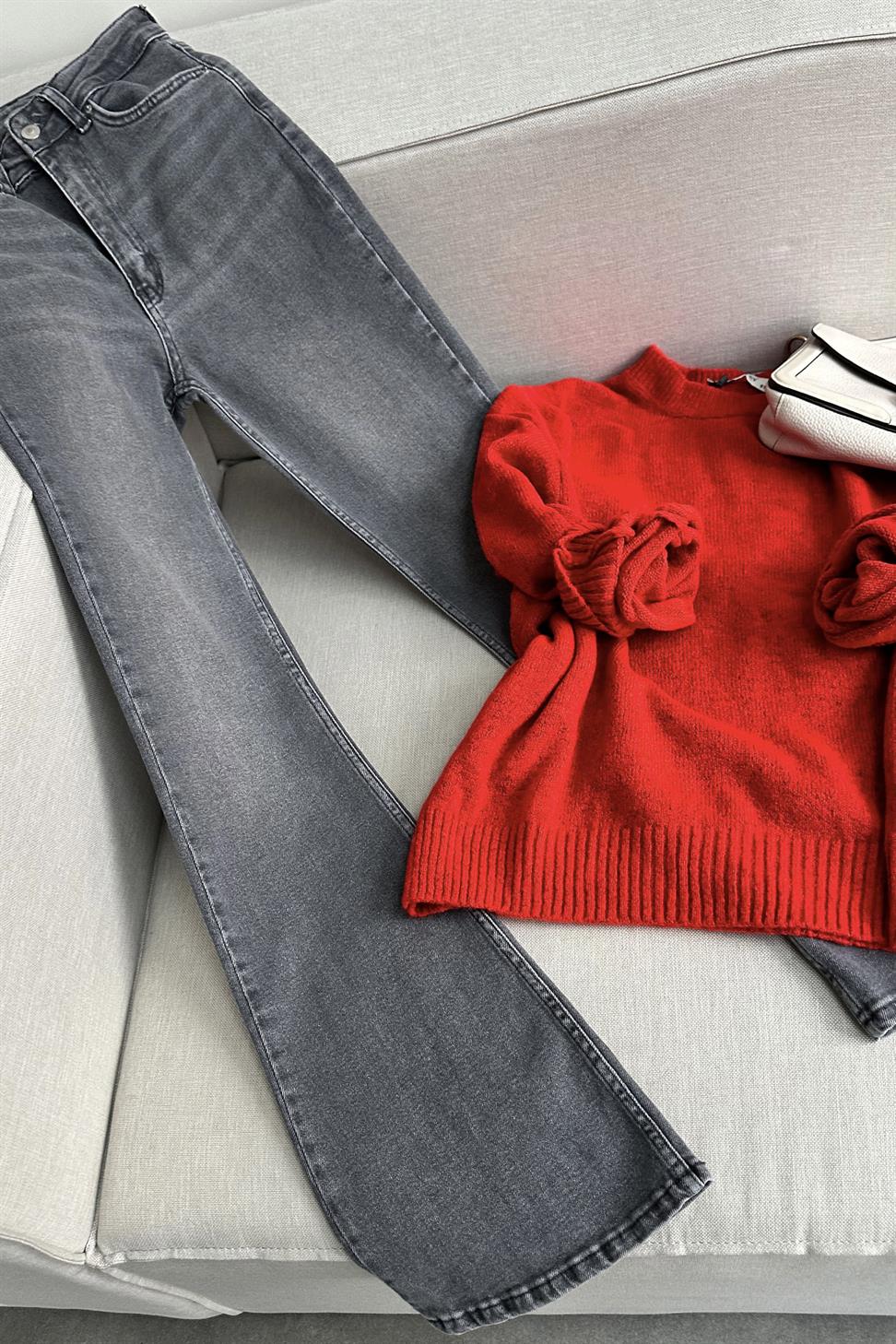 Premium Kalite Yüksek Bel Straight Jean Pantolon Gri